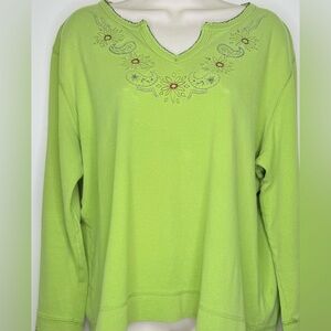 VTG Paul Harris Design Women’s Fleece Top Shirt  L Floral Print V-Neck Long Slvs